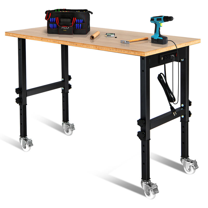 48 Inch Height Adjustable Workbench with Power Outlets and Wheels