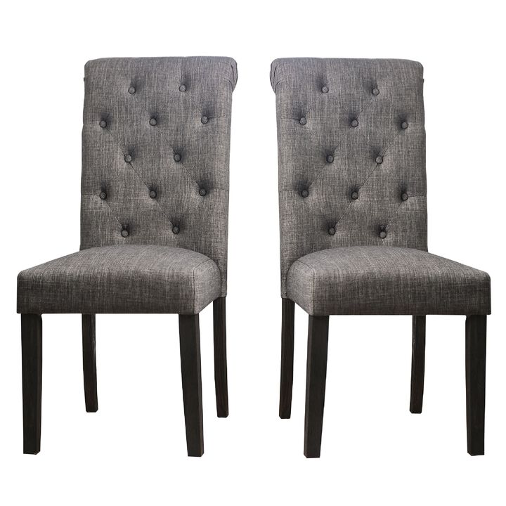 27 Inch Fabric Dining Chair, Button Tufted Rolled Back, Wood, Gray - Benzara