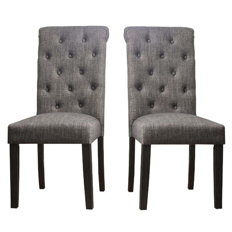27 Inch Fabric Dining Chair, Button Tufted Rolled Back, Wood, Gray - Benzara