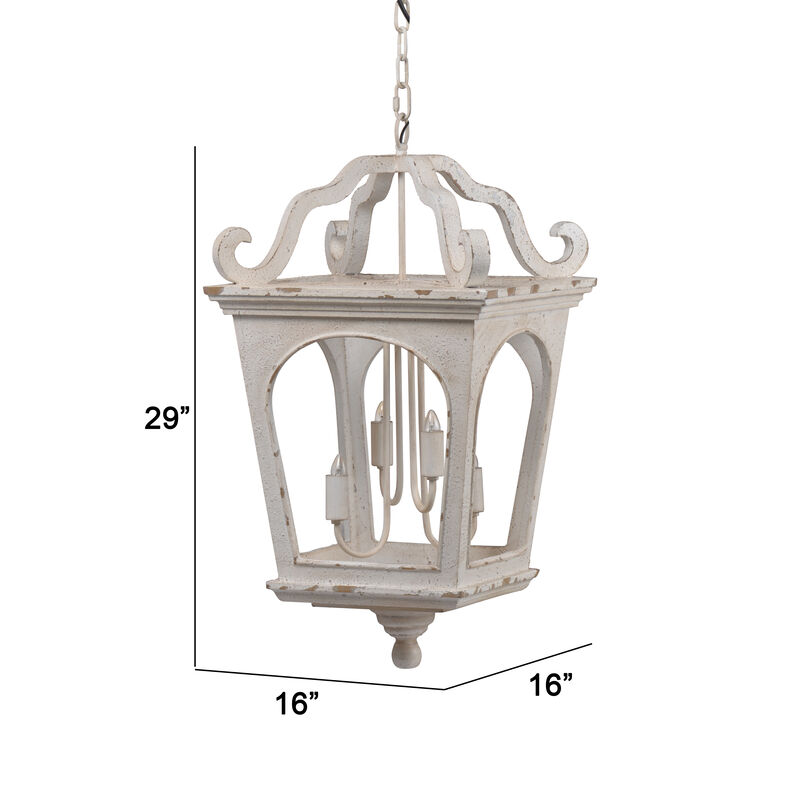 16 Inch 4 Light Chandelier, Classic Design, Fir Wood Iron, Distressed White - Benzara