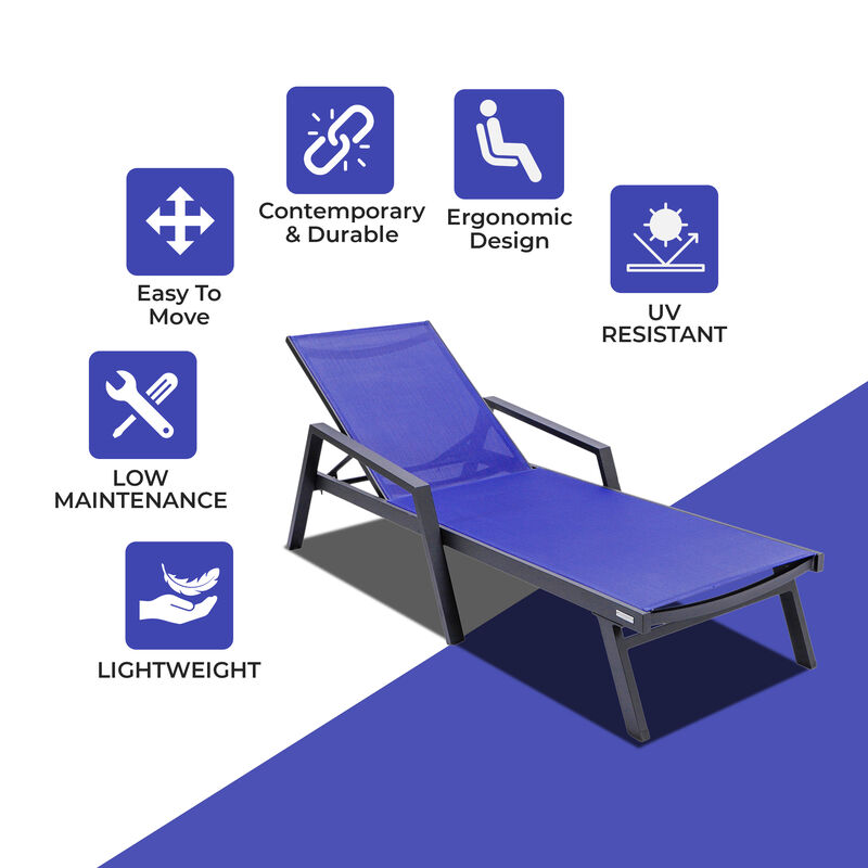 LeisureMod Marlin Patio Chaise Lounge Chair with Armrests – Black Aluminum Frame & Navy Blue Mesh for Outdoor Comfort