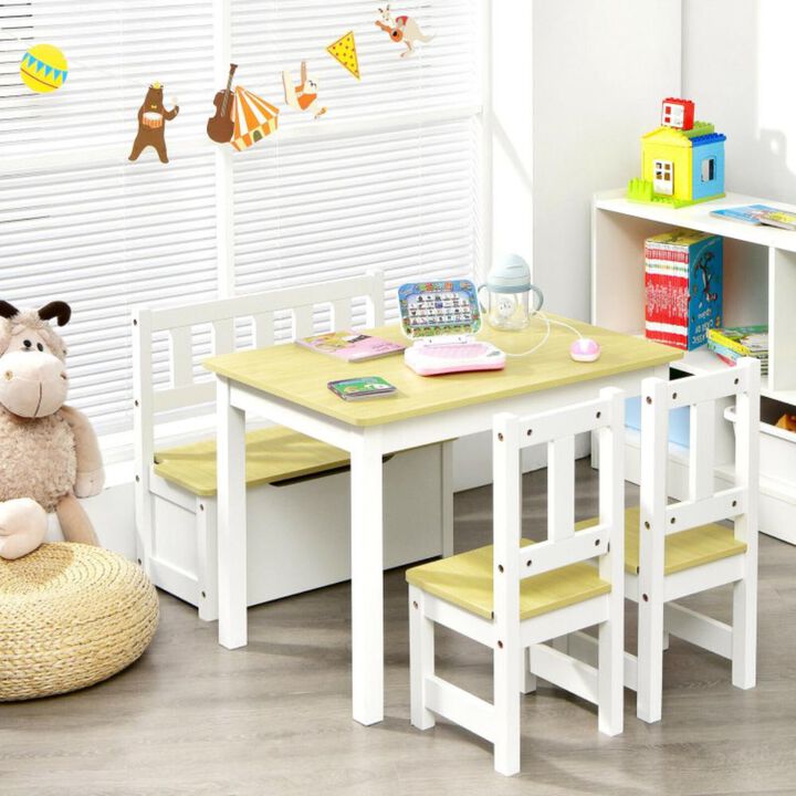 Hivvago 4 Pieces Kids Wooden Activity Table and Chairs Set with Storage Bench and Study Desk