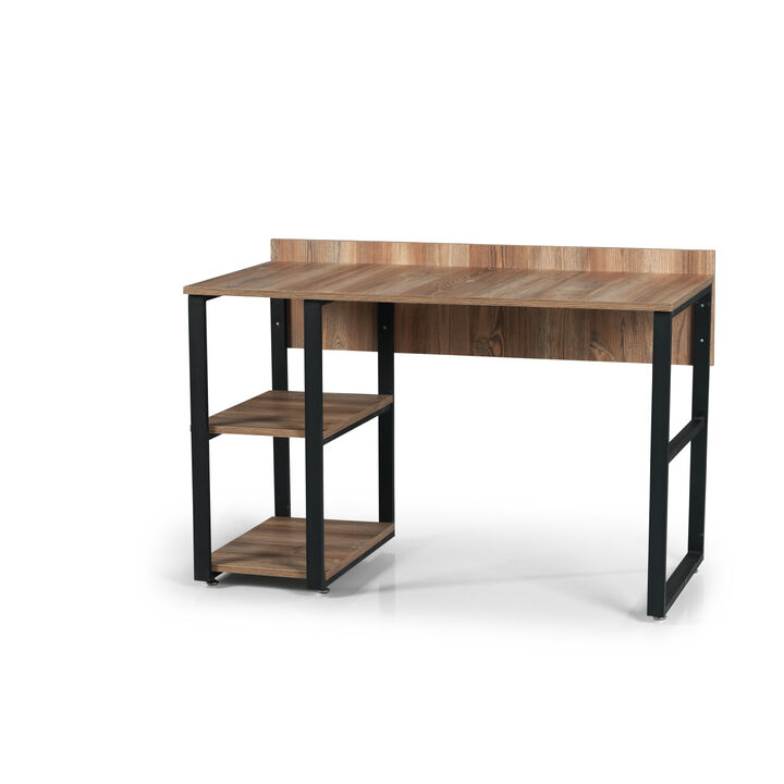 Furnish Home Store Rasse Black Metal Frame 58" Wooden Top 2 Shelves Writing and Computer Desk for Home Office, Oak Rasse Metal Frame 58 Wooden Top 2 Shelves Writing And Computer Desk