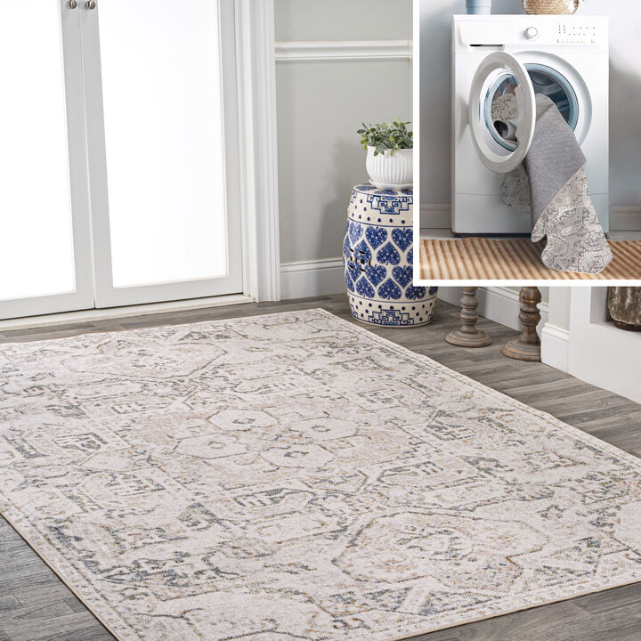 Edith Distressed Medallion Low-Pile Machine-Washable Cream/Light Gray Rug