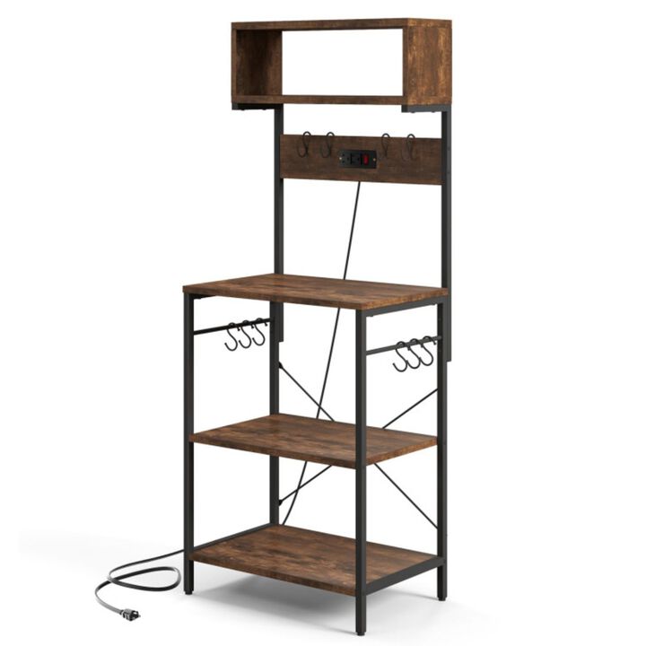 Hivvago 60 Inch Tall Microwave Stand with Open Shelves and 10 Hanging Hooks-Rustic Brown