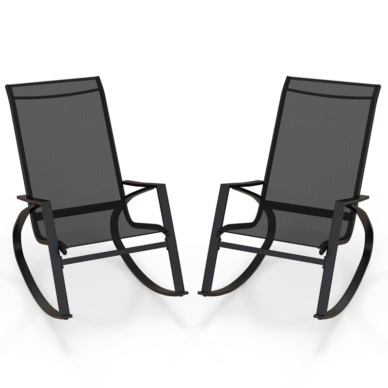 2 Pieces Patio Rocking Chairs Outdoor Sling Fabric Rockers with Ergonomic Backrest and Seat