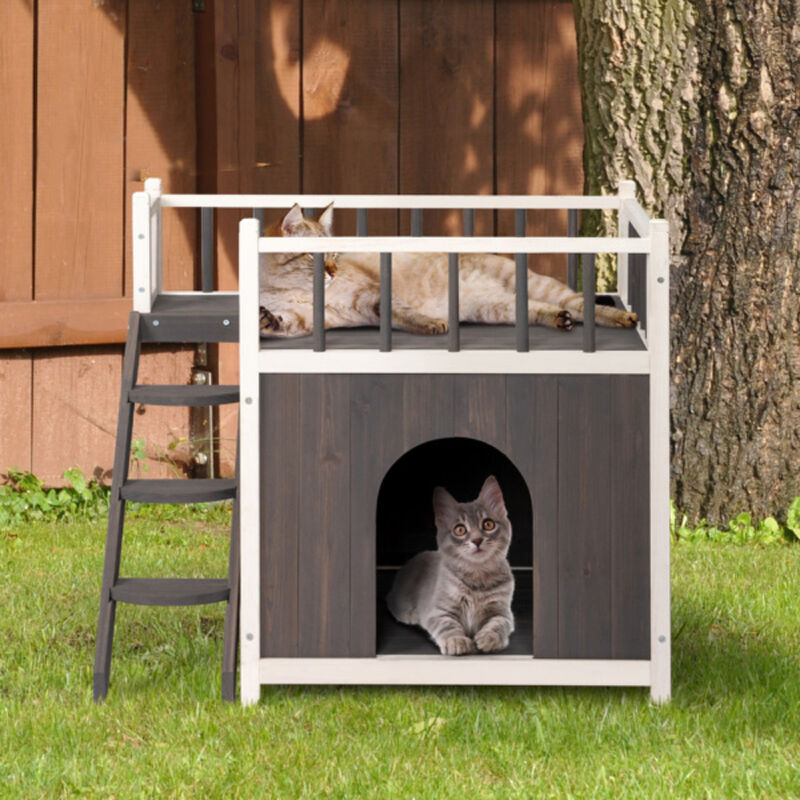 Wooden Outdoor Cat House with Stairs, 2-Tier Weatherproof Pet Shelter