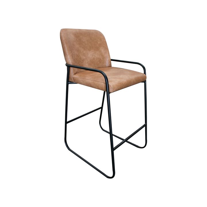 Suze Barstool Chair, Arched Back, Black Iron, Cognac Brown Faux Leather - Benzara