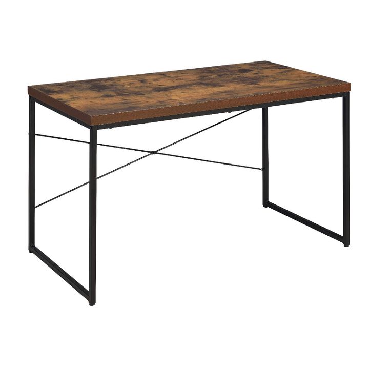 Rectangular Wooden Desk With Metal Base, Weathered Oak Brown And Black-Benzara