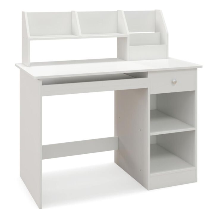 Hivvago Kids Study Desk Children Writing Table with Hutch Drawer Shelves and Keyboard Tray-White