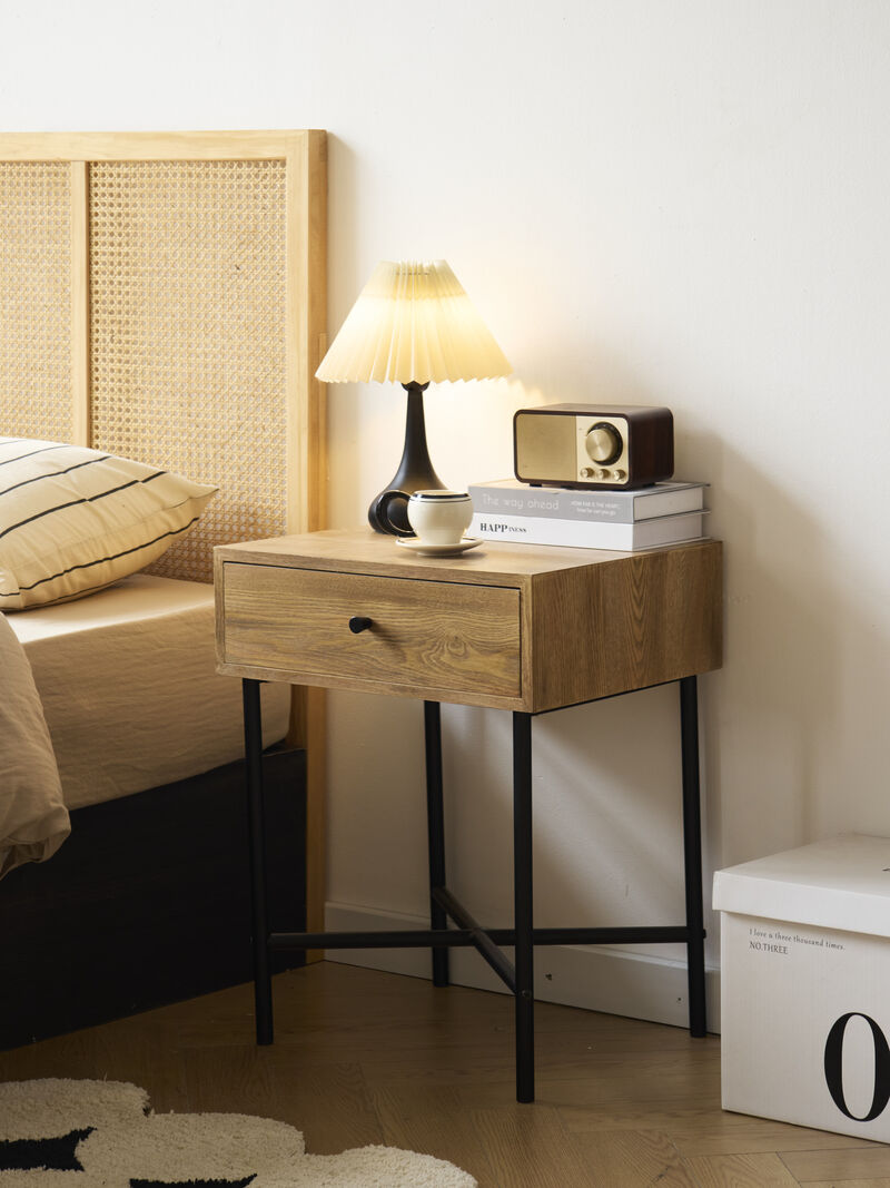 Bedside Table Night Stand in Wood and Metal