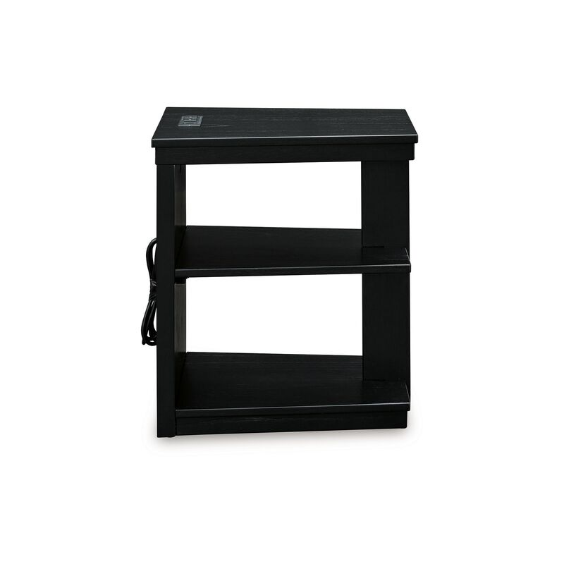 Wendy Chairside End Table, 2 Shelves, USB Port, 21 Inch Black Wood - Benzara