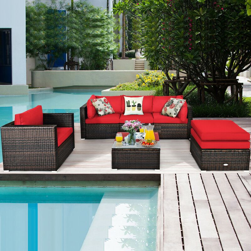 6 Pcs Patio Rattan Furniture Set with Sectional Cushion