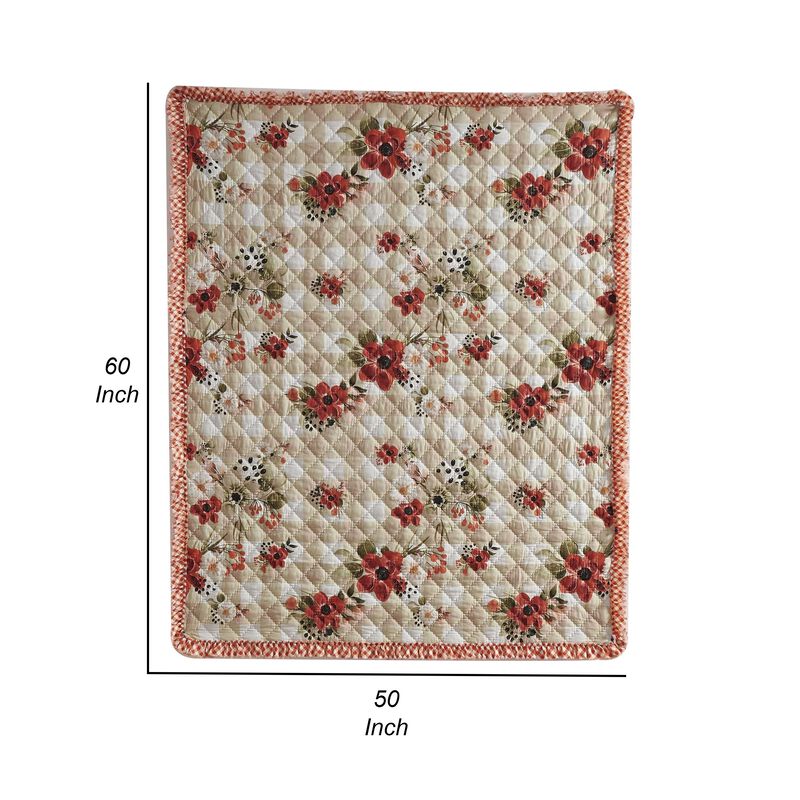 Lire 50 x 60 Inch Quilted Throw Blanket with Fill, Windflower Print, Red - Benzara