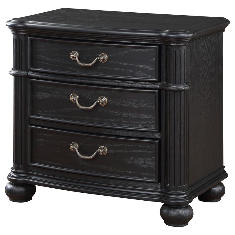 Selena Nightstand, 3 Drawers, Metal Handles in Antique Copper Tone, Black - Benzara
