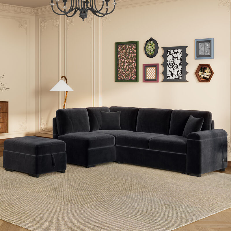 L-Shaped Sleeper Sofa with Storage Ottoman & USB Charge