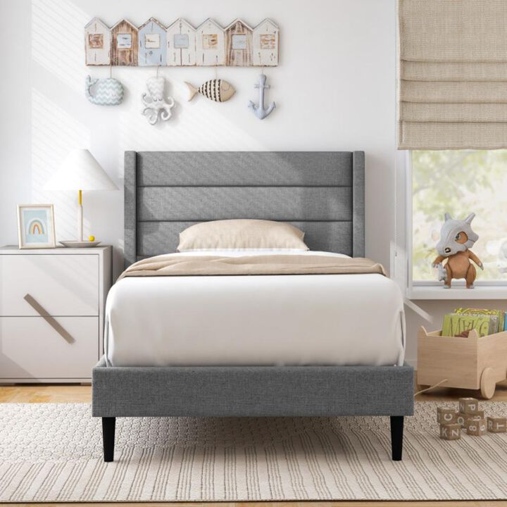 Hivvago Linen Upholstered Platform Bed Frame with Wingback Headboard