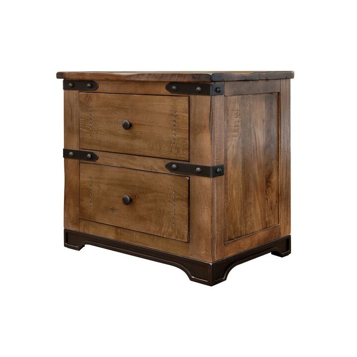 Umey 31 Inch 2 Drawer Nightstand, with Iron Belt Accents, Brown Mango Wood-Benzara