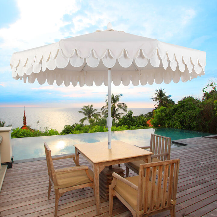 Tracy Classic MidCentury Scalloped Fringe Market Patio Umbrella with Auto-Tilt, Crank, Wind Vent and UV Protection