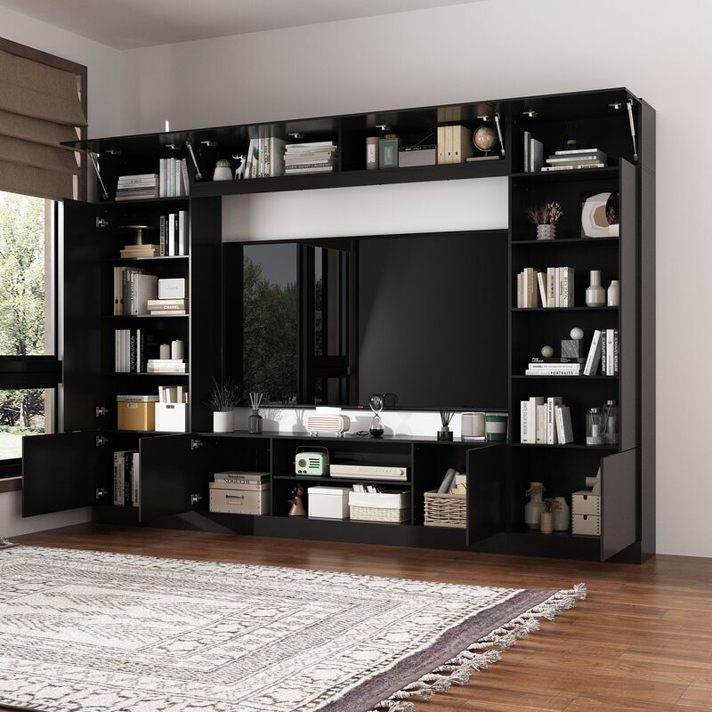 4-Piece Black Wood Entertainment Center TV Console with Door Cabinets, Bookshelves, LED Lights for TVs up to 75 in.