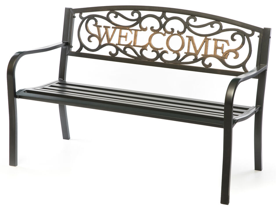 Steel Outdoor Patio Garden Park Seating Bench with Cast Iron Welcome Backrest, Front Porch Yard Bench Lawn Decor
