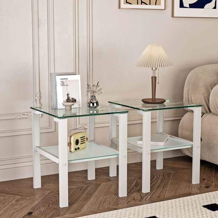 2-layer glass tea table, small round bedroom/living room corner side table, white
