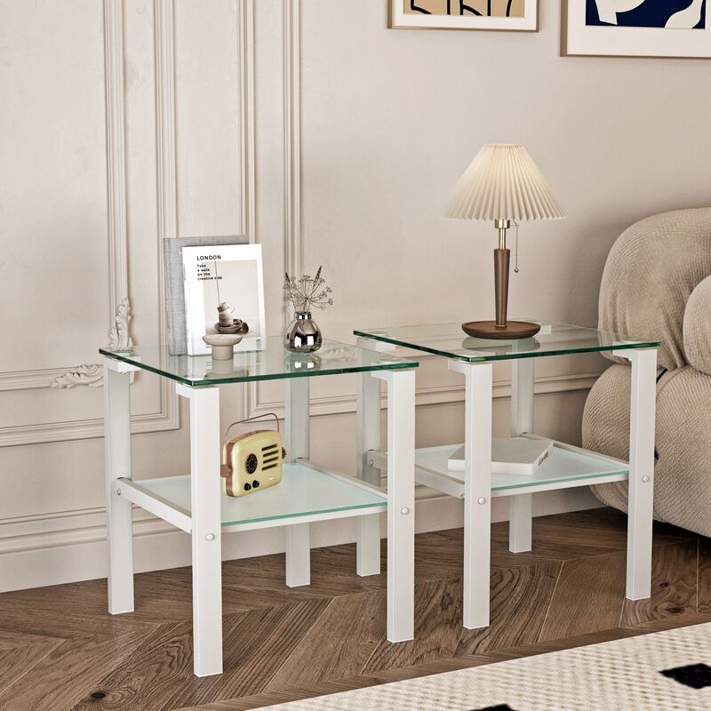 2-layer glass tea table, small round bedroom/living room corner side table, white