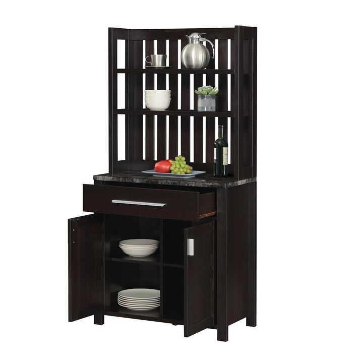Convenience Concepts Sawyer Wine Bar With Cabinet, Faux Black Marble/Espresso