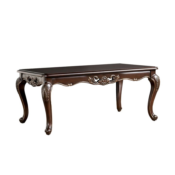 Halie Coffee Table, 48 Inch, Classic Cabriole Legs, Dark Brown Solid Wood
