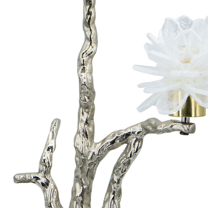 Sue 15 Inch Accent Decor Figurine, Bird on a Branch, Flower, Black, Silver - Benzara