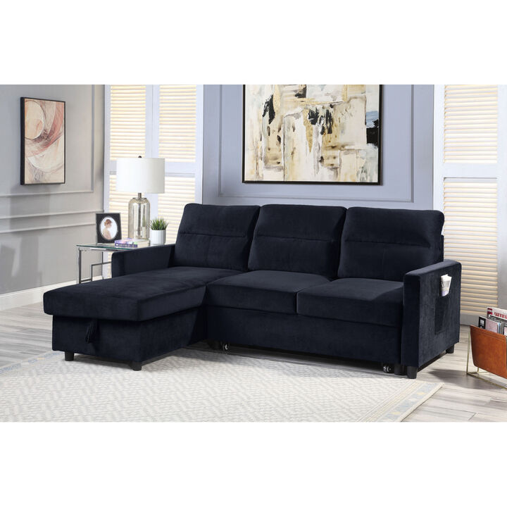 Ivy Black Velvet Reversible Sleeper Sectional Sofa With Storage Chaise And Side Pocket
