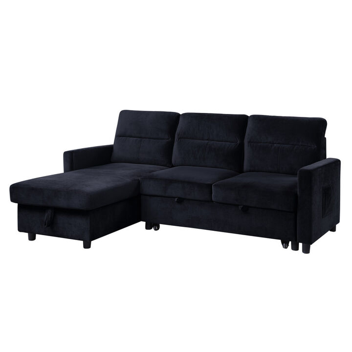Ivy Black Velvet Reversible Sleeper Sectional Sofa With Storage Chaise And Side Pocket