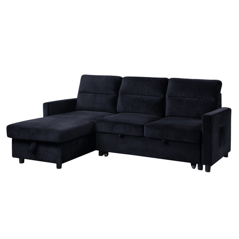 Ivy Black Velvet Reversible Sleeper Sectional Sofa With Storage Chaise And Side Pocket