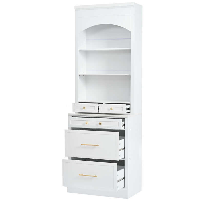 Merax Freestanding Tall Kitchen Hutch with Faux Marble Top