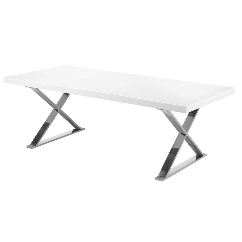 Rix 87 Inch Dining Table, White Wood Top, X Chrome Finished Steel Legs - Benzara