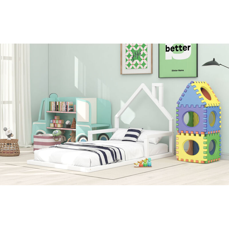 Twin Size Wood Floor Bed With House-Shaped Headboard
