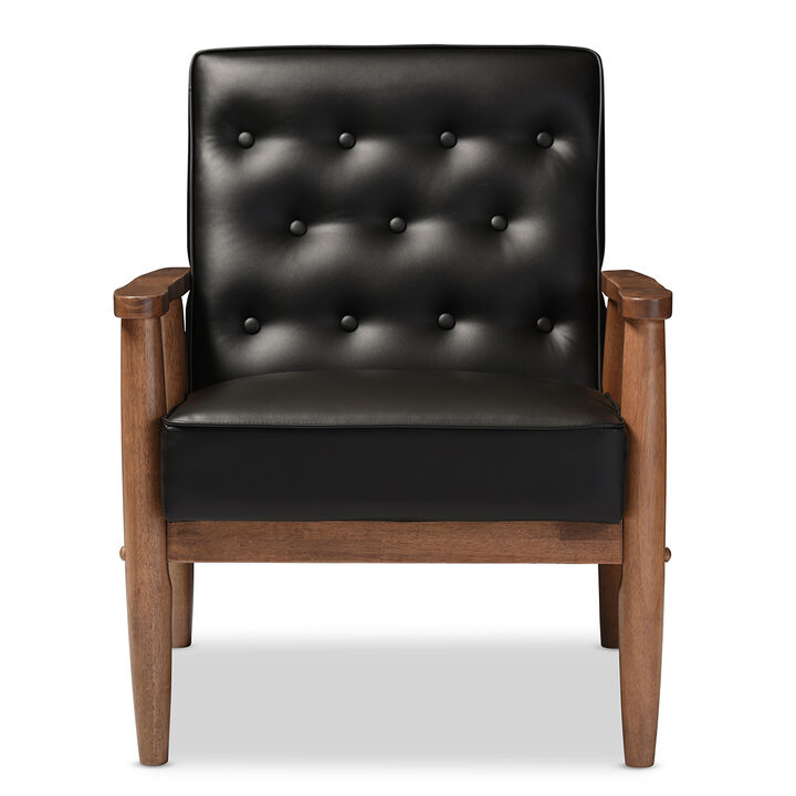 Baxton Studio Sorrento Black Faux Leather Upholstered Wooden Lounge Chair