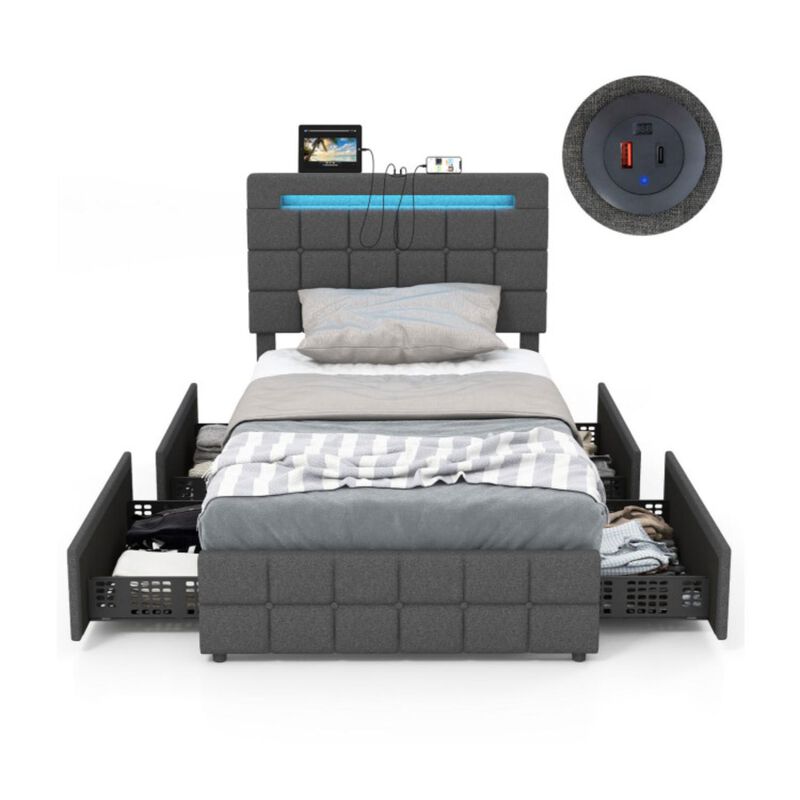Hivvago Upholstered LED Bed Frame with Headboard and 4 Drawers