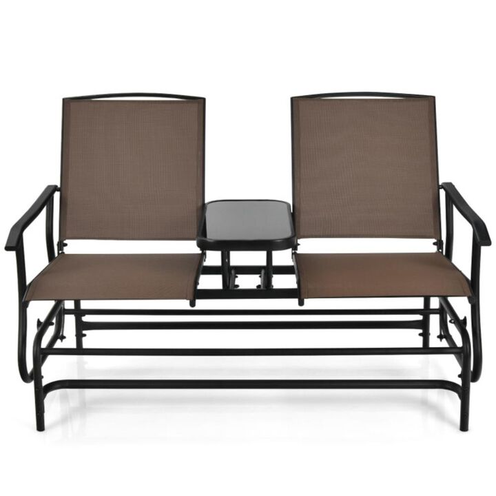 Hivvago 2-Person Double Rocking Loveseat with Mesh Fabric and Center Tempered Glass Table