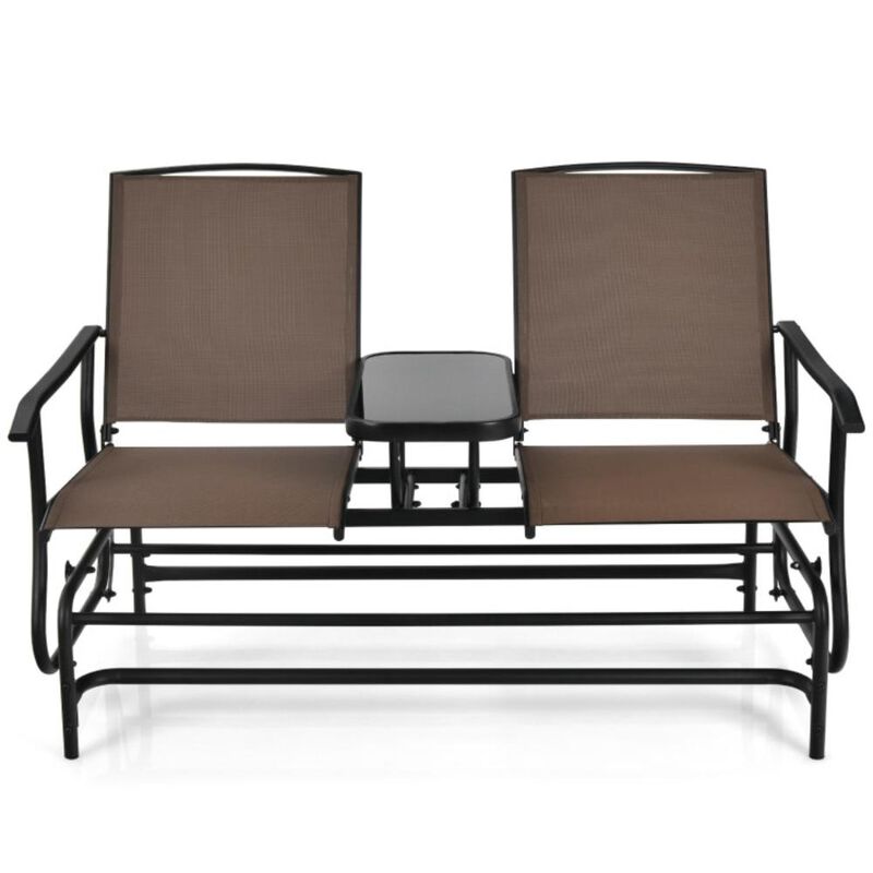 Hivvago 2-Person Double Rocking Loveseat with Mesh Fabric and Center Tempered Glass Table