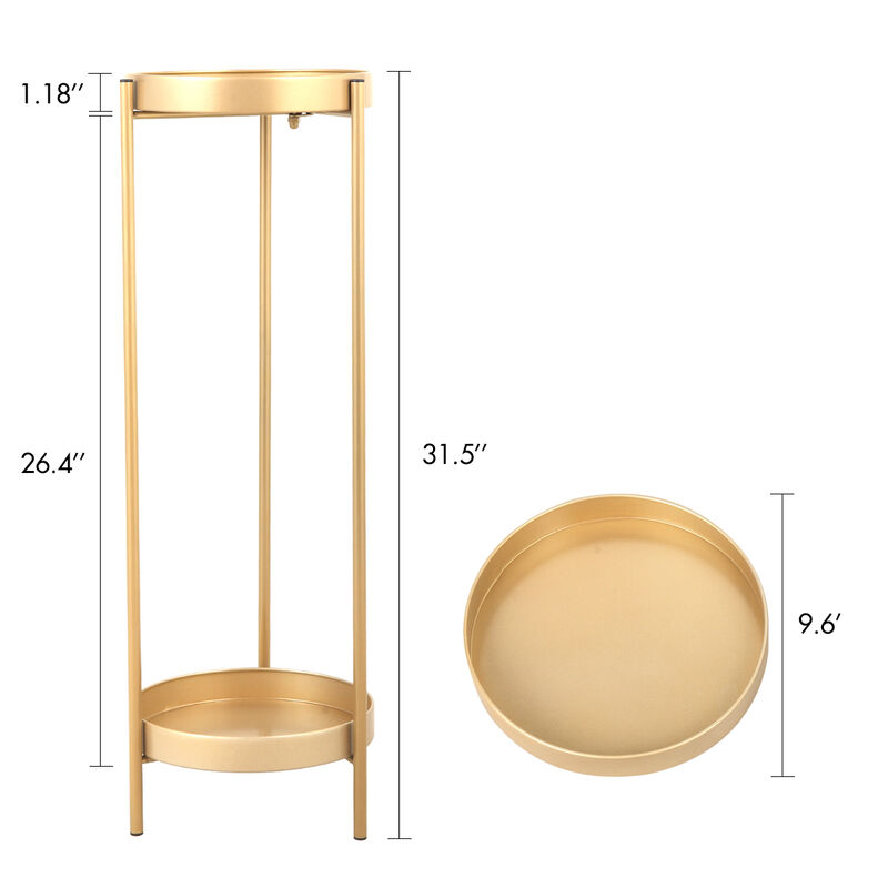 31.5�H Modern Folding Metal 2-Tier Plant Stand Potted Plant Holder Shelf with 2 Round Trays, Indoor Outdoor, Versatile, Golden