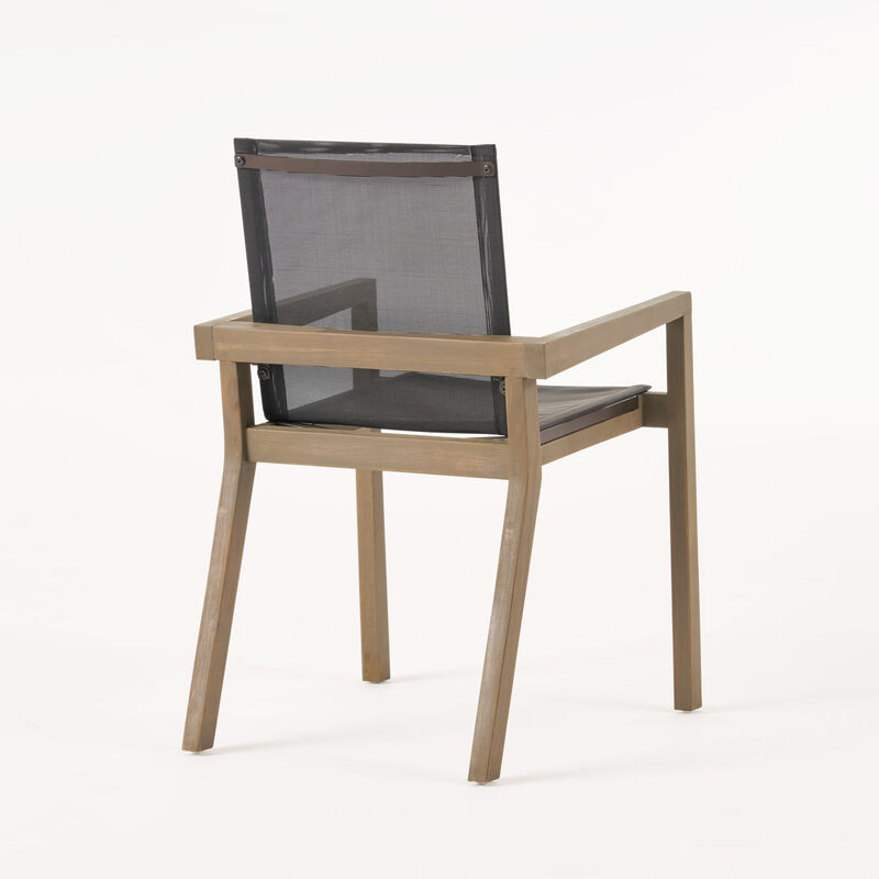 Side Dining Chair Set of 2, Angled Legs, Gray Mesh, Brown Acacia Wood - Benzara