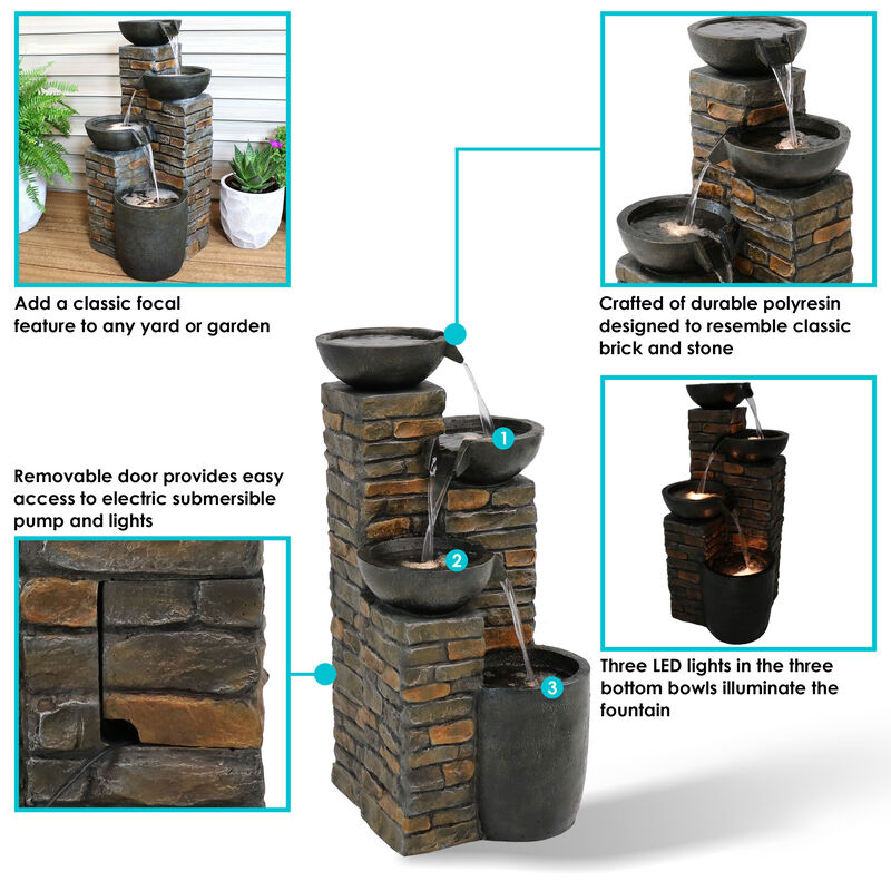 Sunnydaze Staggered Bowls Tiered Water Fountain with LED Lights - 34 in