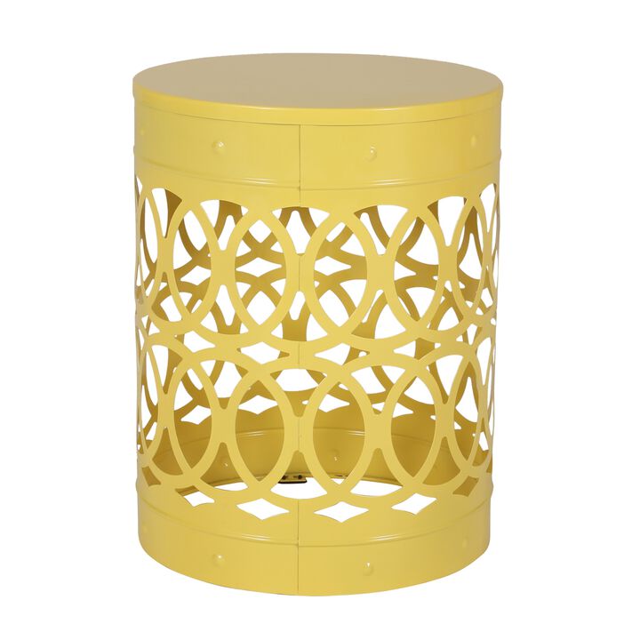 Kemo Outdoor End Table, Round 14 Inch, Cutout Design, Yellow Frame - Benzara