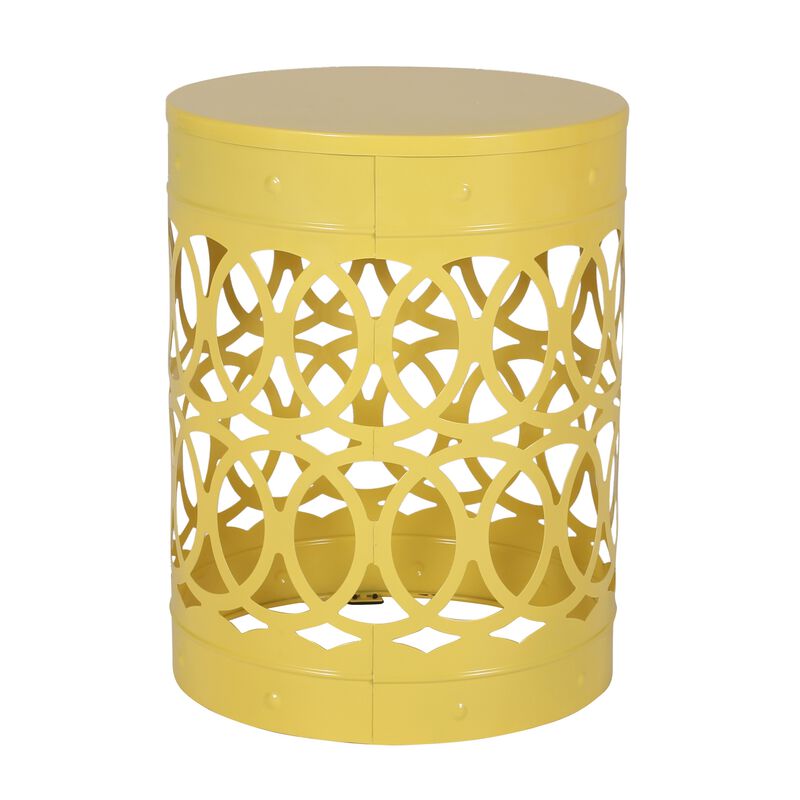 Kemo Outdoor End Table, Round 14 Inch, Cutout Design, Yellow Frame - Benzara