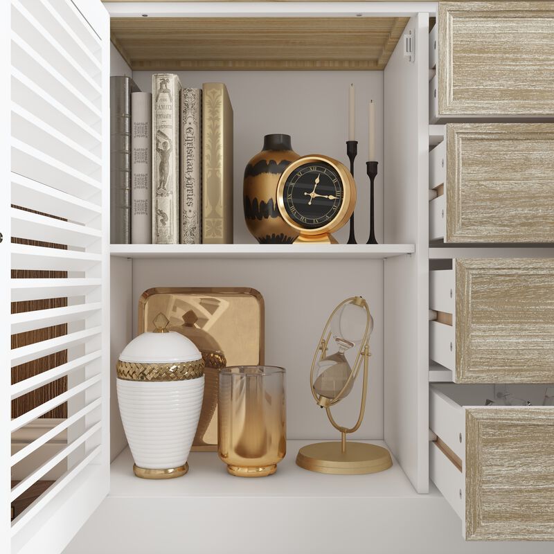 FUFU&GAGA Modern Sideboard Cabinet with Louvered Doors and Drawers,  (59"W x 15.7"D x 31.5"H),White and Brown