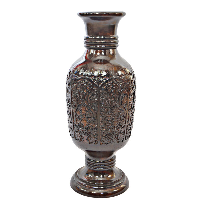 Antique Decorative Hand Curved Brown Mango Wood Table Flower Vase with Unique Textured Pattern, 24 Inch