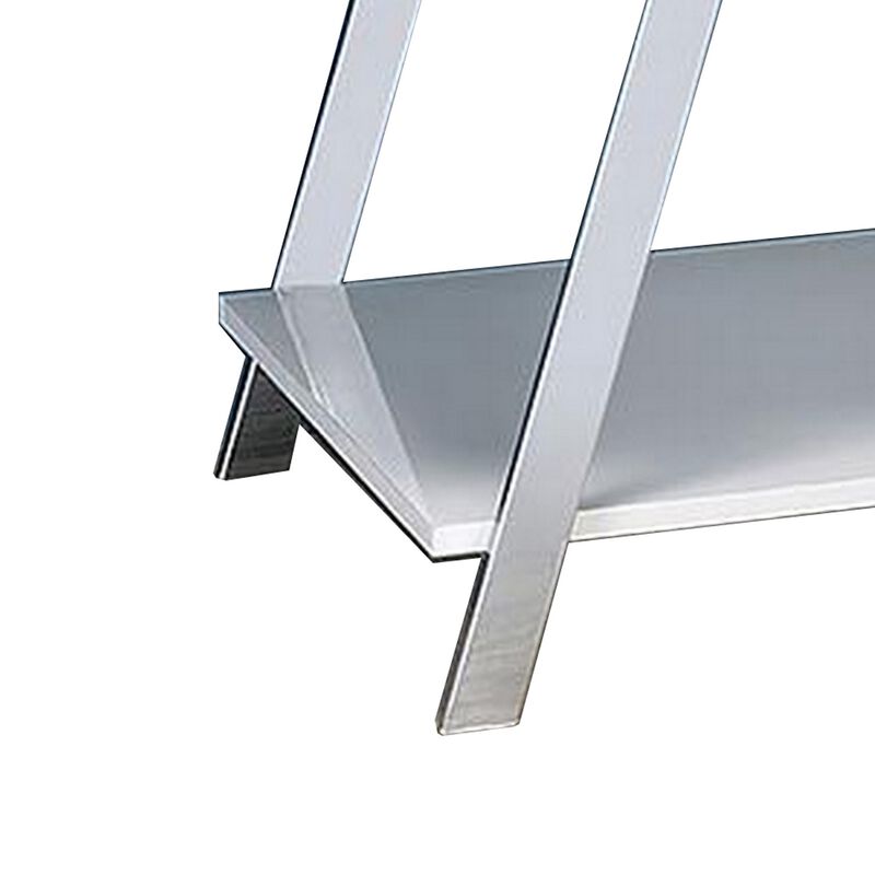 Tius 26 Inch Side End Table, Open Shelf, Chrome, High Gloss White Finish - Benzara