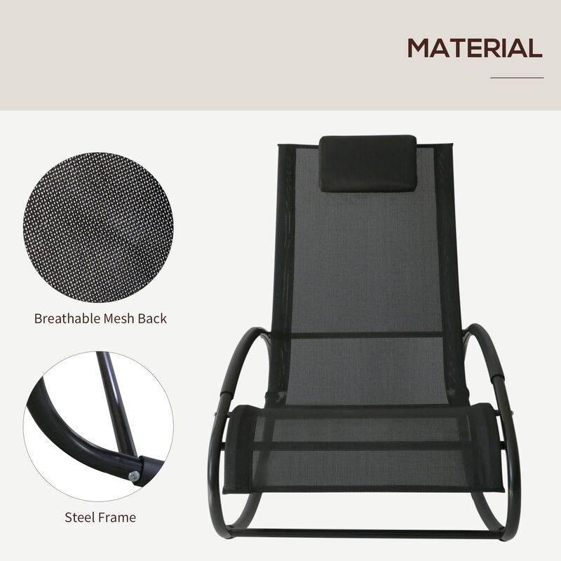 Black Patio Comfort: Rocking Chaise Lounger with Headrest & Breathable Fabric