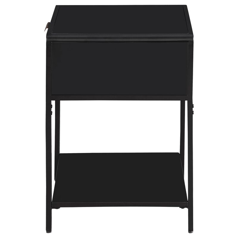 Lanie Bedside Table with Drawer and Open Shelf, PE Cane, Black Metal - Benzara